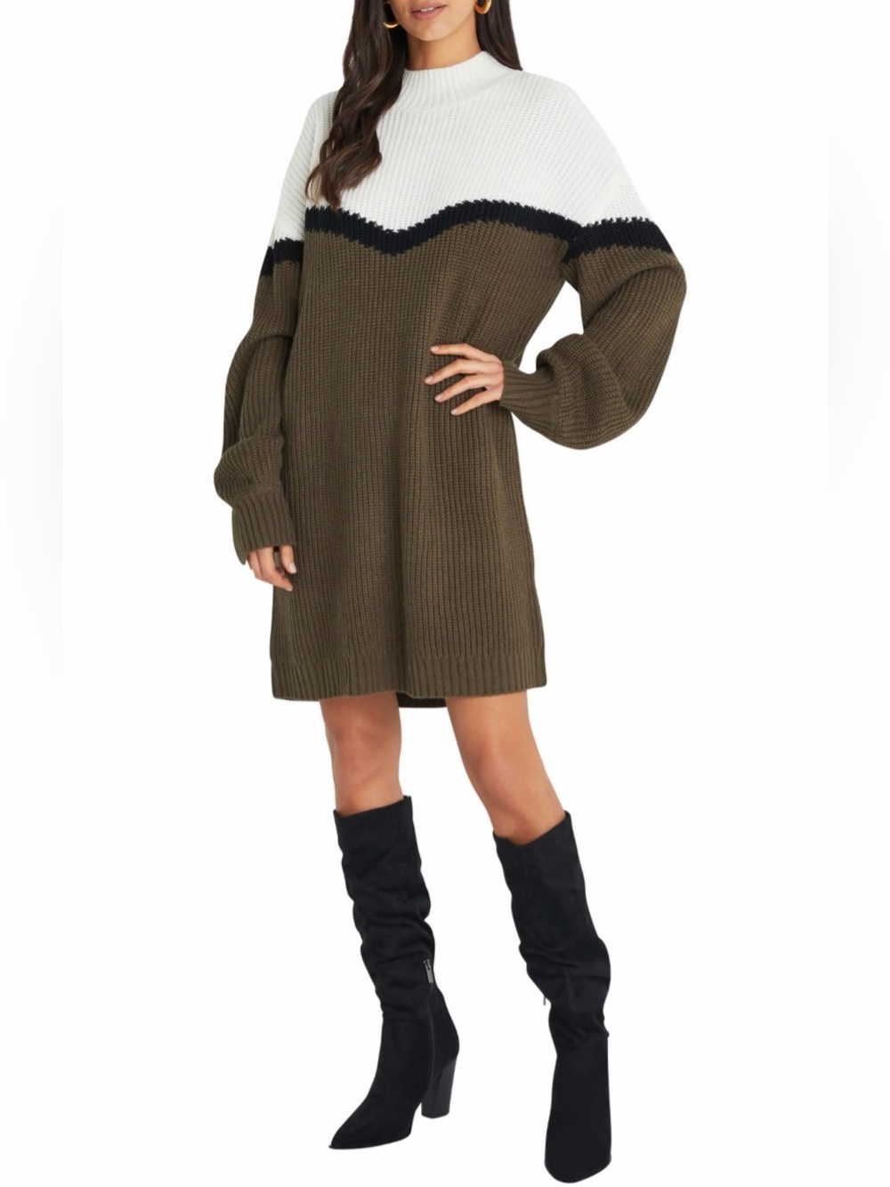 NWOT - VICI Olive Green and White Chevron Knit Sweater Dress